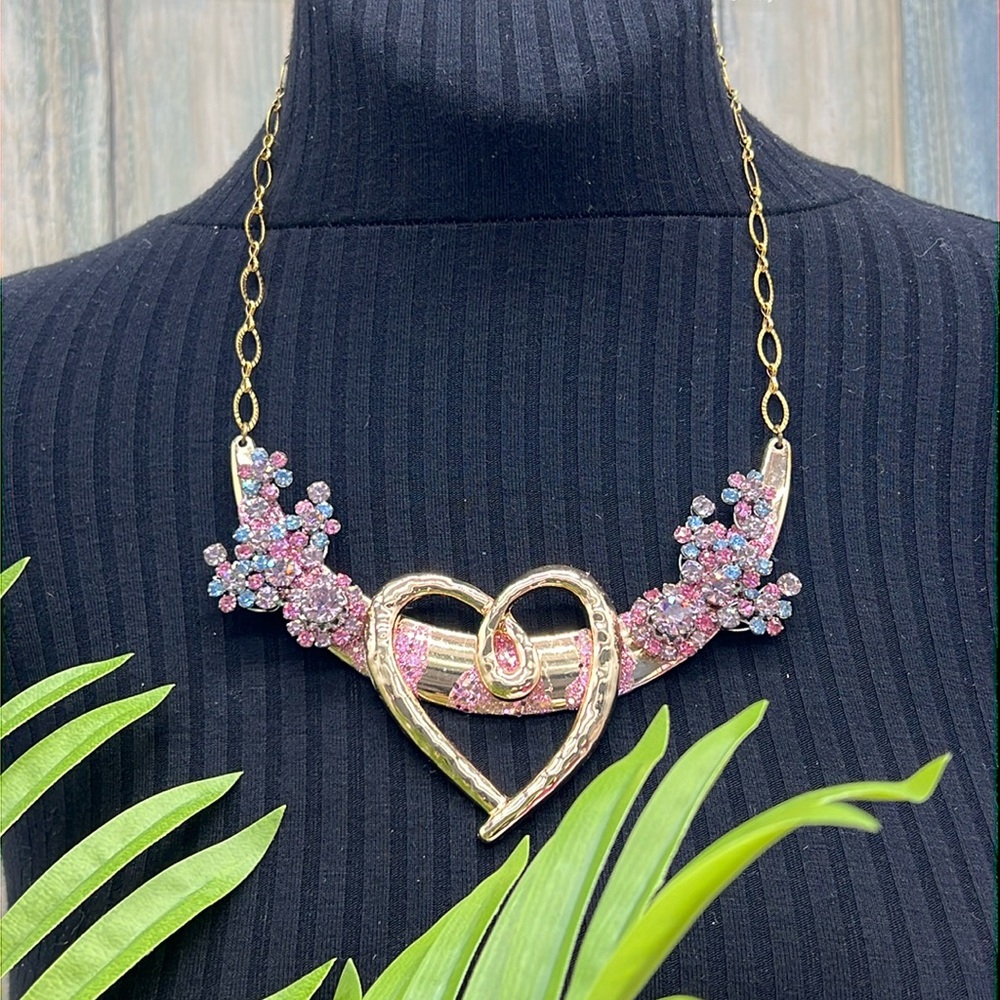 ⭐️Adorned Crown Jewelry pink blue rhinestone heart bib necklace